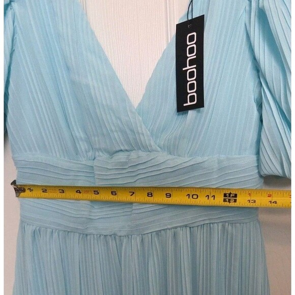 Boohoo Dress Sz 6 Pastel Blue Cinched Waist Puffy Sleeves Lined Polyester NWT - Picture 13 of 13